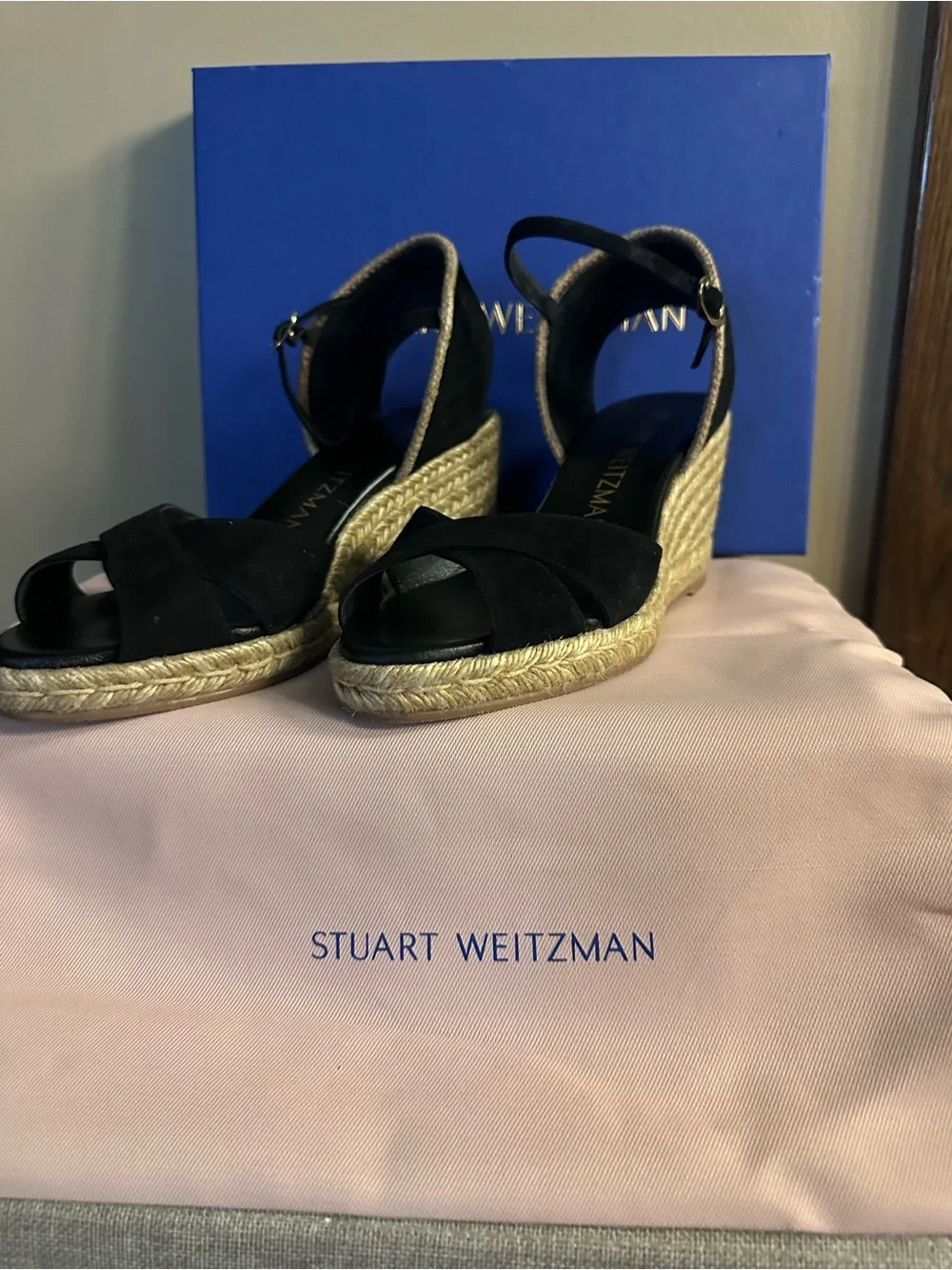 Stuart Weitzman Black Suede Espadrille Wedge Sandals
